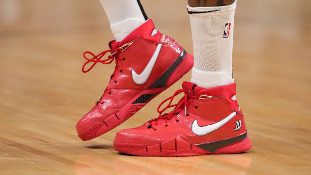 Miami Heat forward P.J. Tucker wears the Nike Kobe 1 Protro 'DeRozan' sneakers against the Atlanta Hawks on April 28, 2022.